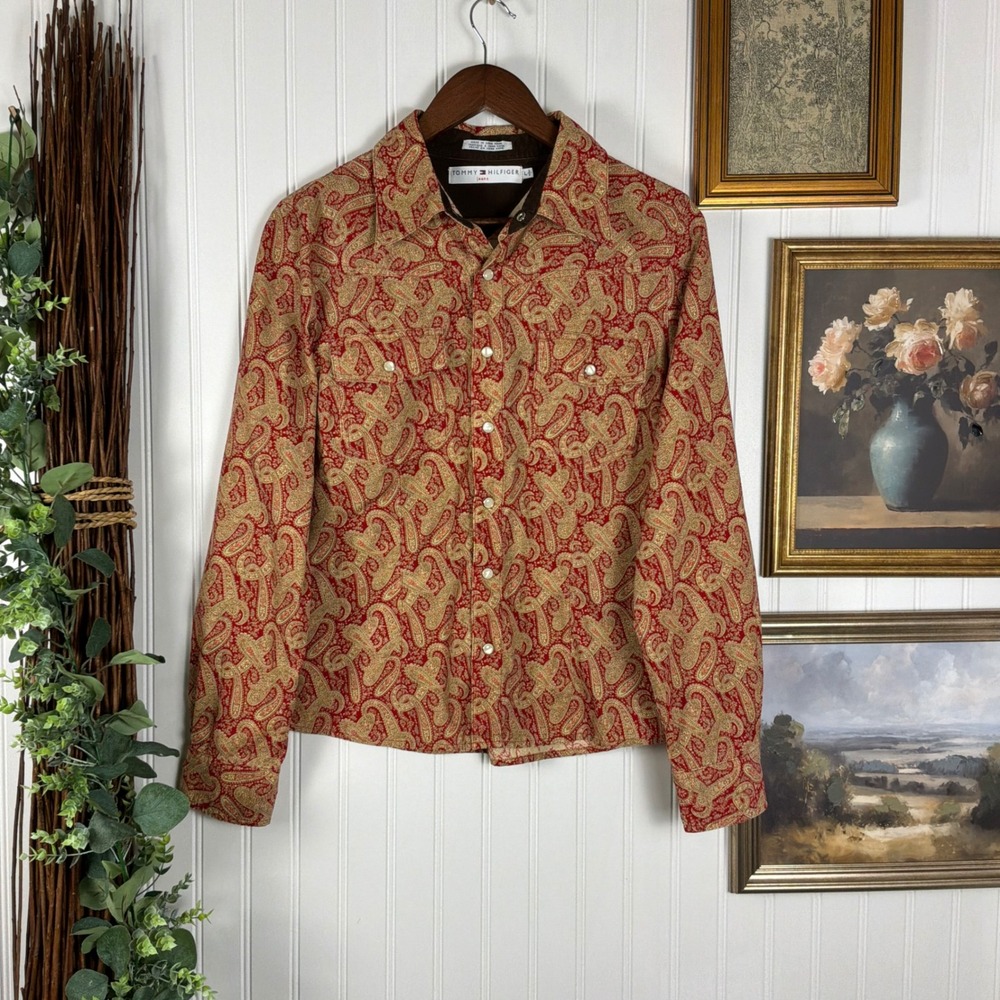 Tommy Hilfiger Jeans Button Down Women L Red Excellent Vintage Paisley Corduroy
